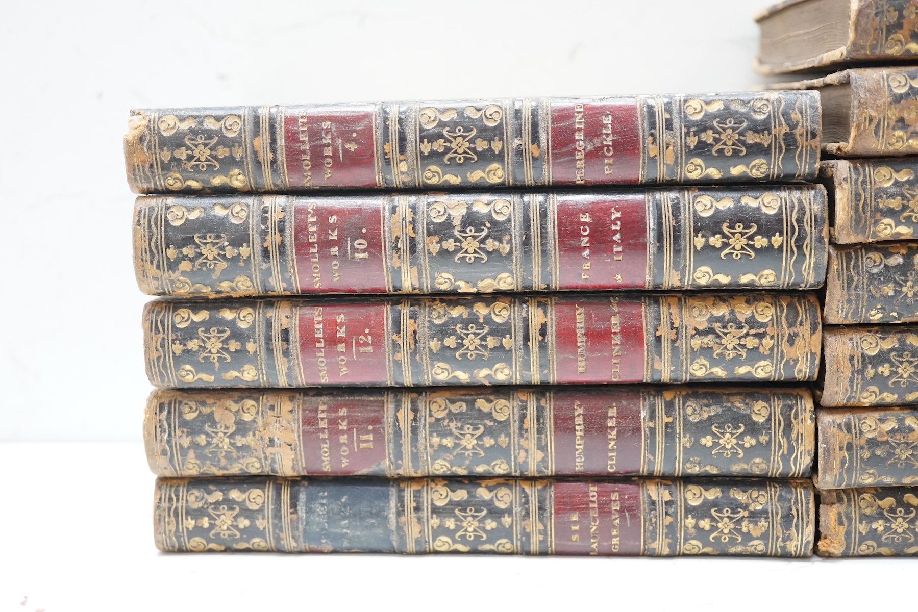 Smollett, Tobias - The Miscellaneous Works. 12 vols. contemp. half calf and marbled boards, sm.8vo. 1824; Berguin - Oeuvres Completes. nouvelle edition, 8 vols. engraved plates. contemp. half calf and marbled boards, red